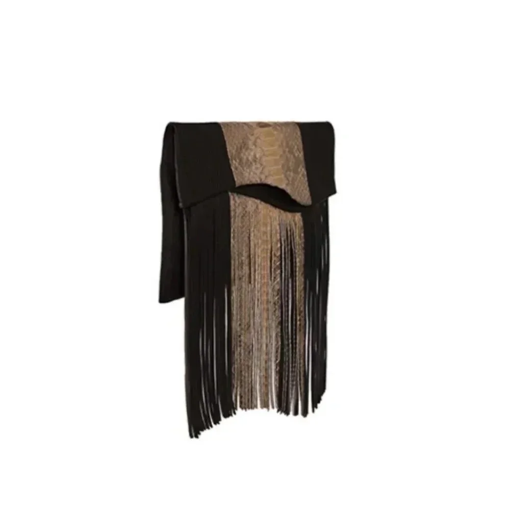 NWT Tarryn Simone Elsee Fringe Leather Crossbody Bag Black Gold Snake